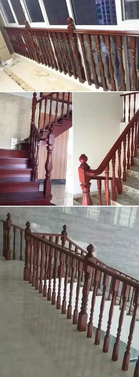 Premium Solid Poplar Wood Balusters For Deck And Stair Railing in rich brown finish, installed on staircase and balcony.