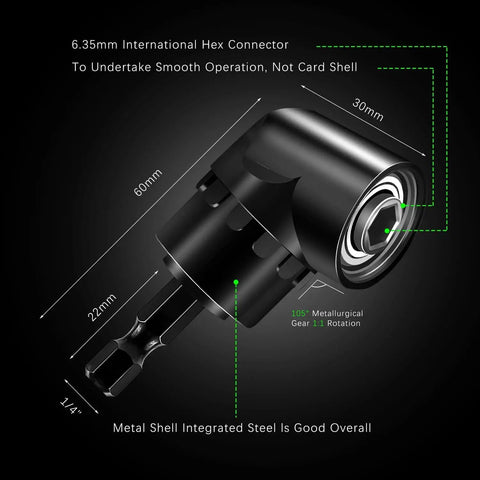 105-degree right angle drill bit from Impact Grade Driver Sockets Adapter Extension Kit with labeled dimensions.