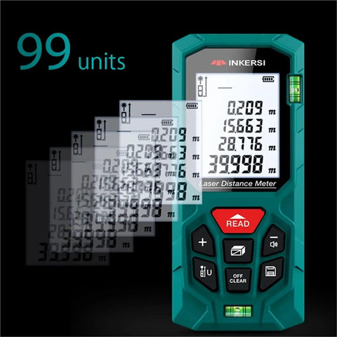 Digital Laser Rangefinder And Heavy Duty Tape Measure High Precision 120M Distance Meter Built Like A Tank For Contractors showing display screen with multiple measurements.