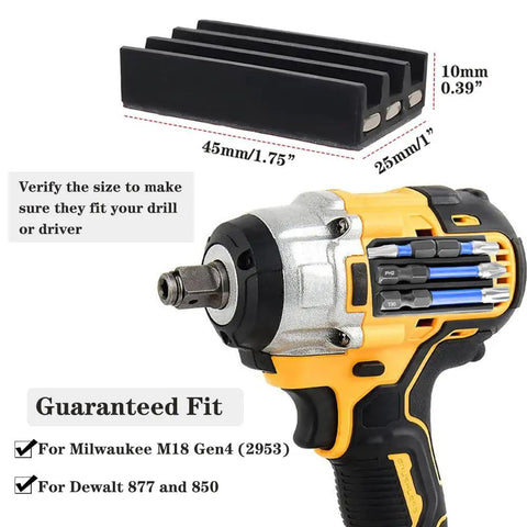 Two Pack Magnetic Drill Bit Holder Set for Impact Drivers and Drills with size measurements shown on a power tool.