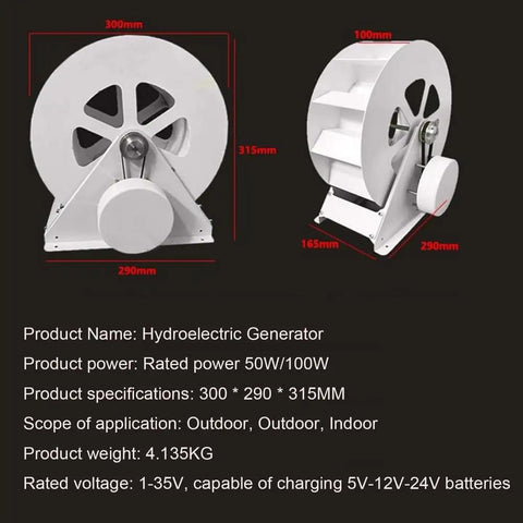 50W Micro Hydroelectric Generator Water Turbine Portable Mini Hydro Power Station dimensions shown for off-grid use
