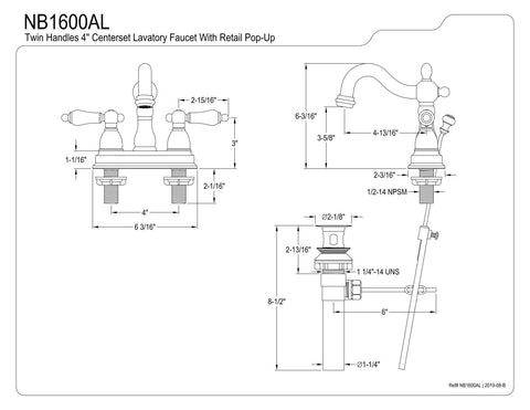 Diagram showing dimensions of 4 Inch Centerset Lavatory Faucet With Brass Pop Up Drain in Black Stainless Steel Deck Mount 3 Hole Installation