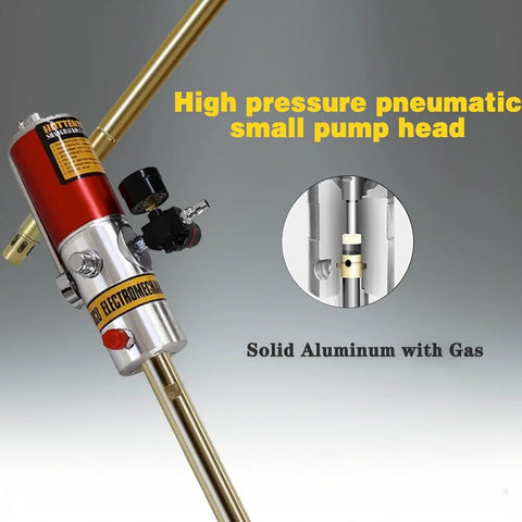 Heavy Duty Pneumatic Grease Pump with 16Ft High Pressure Braided Hose and solid aluminum pump head detail.