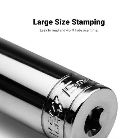 Close-up of socket with large size stamping on 3/8 Inch Drive 12 Point Socket Set For Tough Jobs, Shallow And Deep Sockets, Metric 8 to 19 mm.