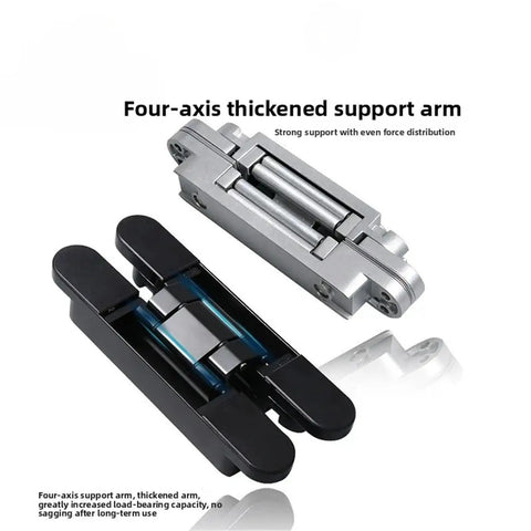 Heavy Duty Concealed Adjustable Invisible Door Hinge With Solid Cross Shaped Wooden Handle Built Tough For A No Sweat Hidden Room Makeover And Smooth Daily Swing In Deep Black Coating shown in black and silver finish.
