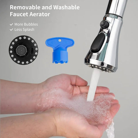 Pull Down Kitchen Faucet Spray Head With 3 Modes Stream, Spray, And High Pressure Rinse in use with running water over hands
