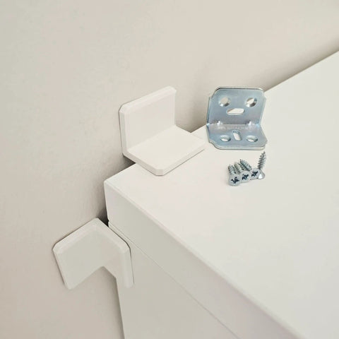 Hella Sturdy Stainless Steel L Brackets With Smooth White Caps Provide Serious Anti Tip Reinforcement For Floating Shelves Drawers And Cabinetry No Sweat Setup Ensures A Flawless Finish Every Single Time with screws
