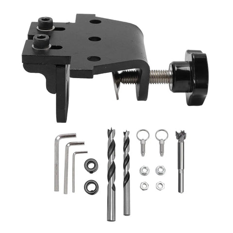 Heavy Duty Aluminum Doweling Jig Kit And Precision Drilling Locator With Adjustable Depth Stops and Self Locking Clamp showing components and accessories.