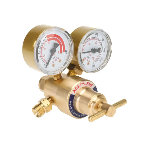 CGA 200 acetylene regulator from Five Piece Air Acetylene Welding Kit With Swirl Torch, clear gauges, brass fittings