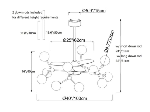 Diagram of 52 Inch Modern Ceiling Fan With Remote Control, 3 Reversible Blades, Glass Shade Kit, 12 Lights Golden Finish
