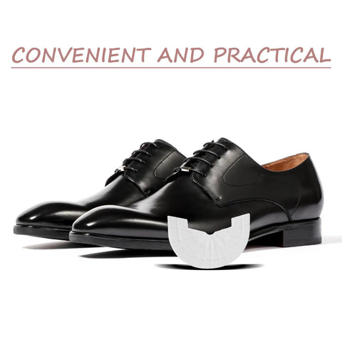 Premium Rubber Sole Protectors For Sneakers And Boots With 4mm Anti Scuff Heel Pads on polished black dress shoes to prevent wear.