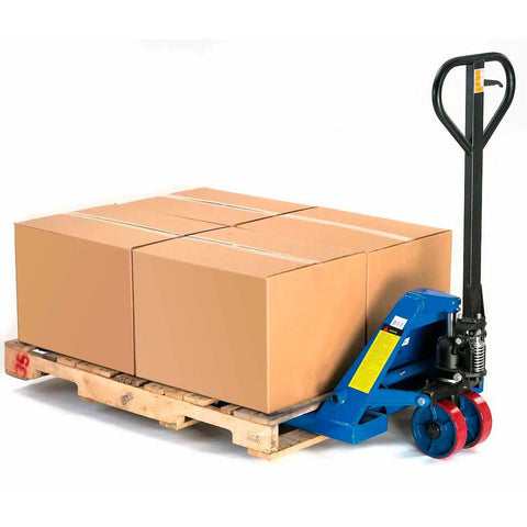 Heavy Duty Narrow Fork Pallet Jack Truck Handles Six Thousand Six Hundred Pounds Like A Charm With Reinforced Tapered Forks for lifting boxes on a pallet.