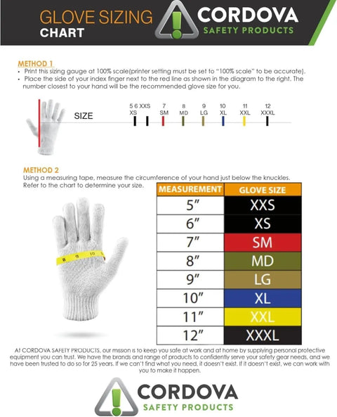 Glove sizing chart from Cordova Safety Products with measurement guide and size options from XXS to XXXL.