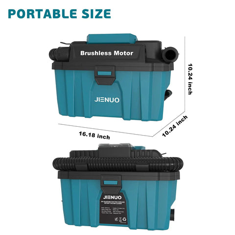 Cordless Shop Vac With 2.5 Gallon Capacity Brushless Motor Wet Dry Vacuum With HEPA Filter That Goes Anywhere Compatible With 18V Batteries For Home Car And Workshop Use Battery Not Included, shown with portable dimensions and branding.
