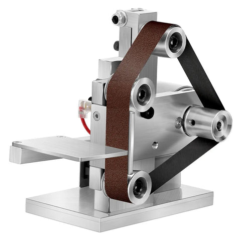 Compact Mini Electric Belt Sander Desktop Grinder For Diy Polishing Woodworking Sanding And Edge Sharpening Machine with a brown belt.