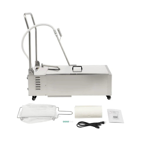 Heavy Duty 55L Mobile Fryer Oil Filter Machine With Cart Commercial Frying System For Restaurants Foldable Stainless Steel Filter Unit 110V Deep Fryer Maintenance Essential For Kitchen And Supermarket showing stainless steel tank and accessories.