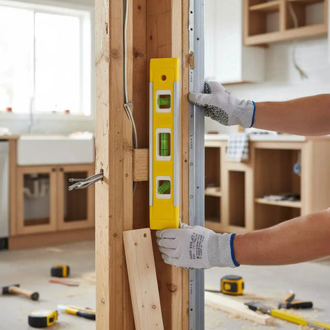 Person using a Spirit Level, Aluminum Alloy on wooden frame, showcasing graduated ruler scale and precision bubble levels.