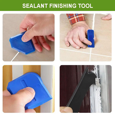 Person using Five In One Caulk Remover Tool with Stainless Head for Silicone Sealant Removal and Grout Scraping on tiles and edges