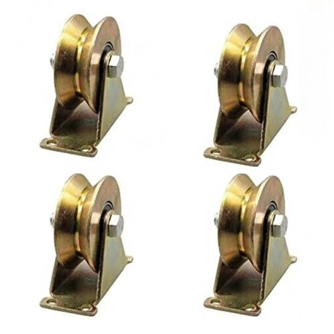 Heavy Duty V Groove Gate Wheels For Inverted Track Sliding Gates Designed To Roll Like A Champ With Zero Friction While Supporting Heavy Loads Without Any Fuss In This Durable Four Pack Caster Set, showing 4 metal casters.