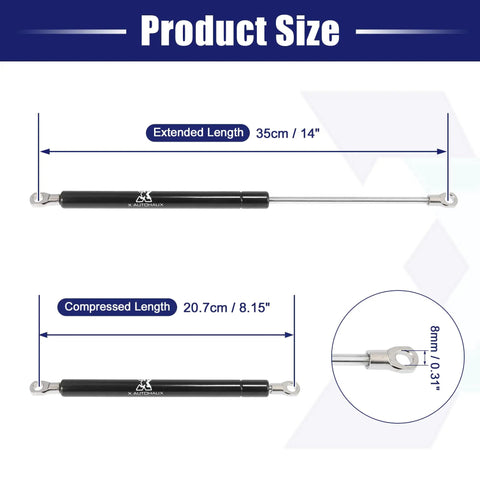 Product size diagram for Bad Ass Pair 14 Inch Gas Strut Shocks showing extended and compressed lengths.