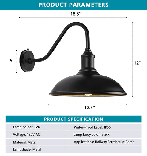 12.6 Inch Outdoor Gooseneck Barn Light With Dusk To Dawn Sensor in black, metal construction, 12-inch lamp, 5-inch backplate.