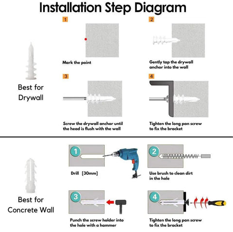 Installation steps showing how to use Heavy Duty Shelf Brackets 12 By 8 Inches 8 Pack Black Metal L Brackets With Screws Included for walls.