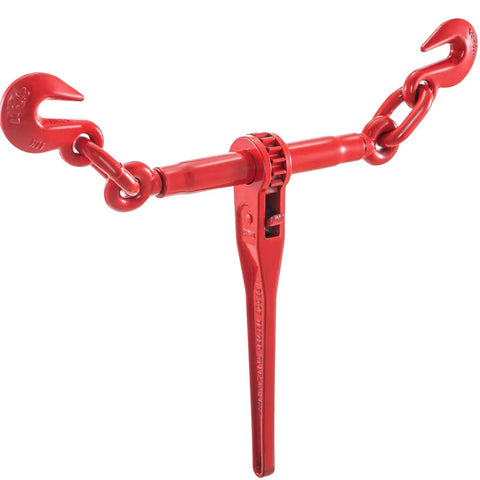 Built Tough Heavy Duty Chain Binder Kit With Swivel G70 Hooks Fits 3/8 To 1/2 Inch Grade Seven Links 9215 Lbs side view with red ratchet and hooks
