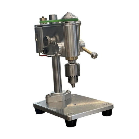 Solid Aluminum Mini Drill Press With Brass Spindle Sleeve showcasing compact design for jewelry making and precision drilling.