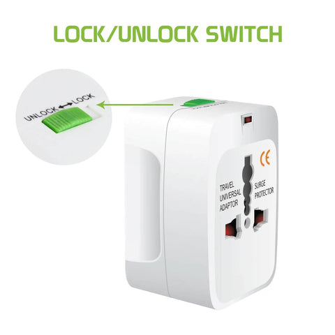 Portable Worldwide Universal Power Adapter All In One Travel Charger with lock/unlock switch, showing plug converter features.