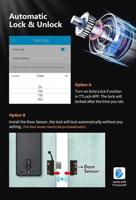 Slick Smart Lock Electronic Deadbolt with App Key digital entry features auto lock settings shown on mobile app.