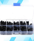 Black Nylon Hex Standoff Kit With Screws And Nuts, 300 Pieces, Corrosion Resistant Insulated Spacers For Electronics, Office And Industrial Use, Great For Diy Projects, Machine Builds, And Tech Installations. Open organizer with black nylon spacers and screws