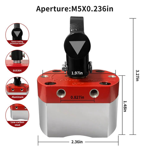 Heavy Duty 180 Lb On Off Magnetic Welding Square Base with dimensions and materials labeled