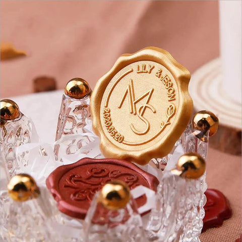 Top Shelf Octagon Sealing Wax Beads With Clear Case For Letters Cards And Invitations Melts Clean Without Stress To Craft Slick Seals That Slap On Every Package, showing a gold wax seal stamp with intricate design.