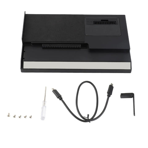 Game Changing External GPU Enclosure Thunderbolt 3 Plus 4 Docking Station With USB4 Connectivity Fast M2 NVMe Drives showing black aluminum dock with tools and cables.