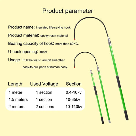 Pro-Grade High Voltage Insulated Rescue Hook with fiberglass handle and epoxy ball insulation, sizes 1m, 1.5m, 2m for electricians