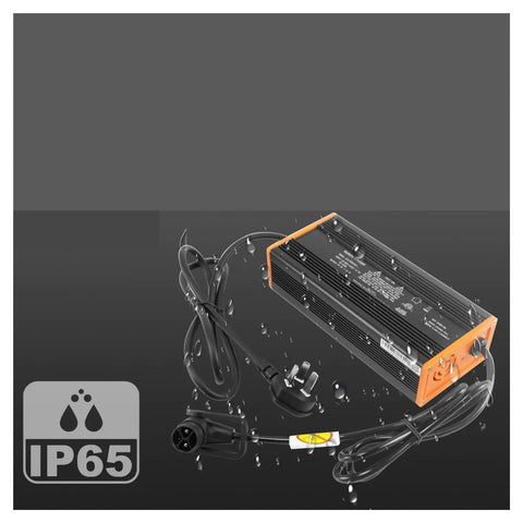 Pro Grade 24V 8A Lithium Battery Charger Compatible With Noblift Edge PTE15N Electric Pallet Jack showing waterproof feature and heavy-duty design.