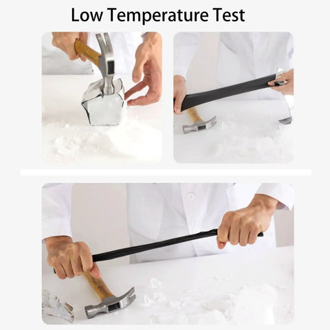 Low temperature test with a hammer and hard material, demonstrating durability and impact resistance.