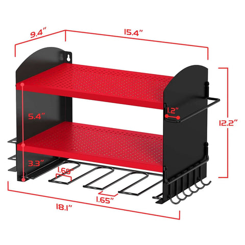Garage Power Tool Organizer Wall Mount Rack dimensions, red heavy-duty steel, for cordless drills, space-saving storage.