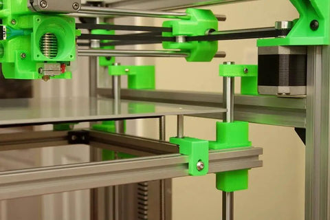 Solid Aluminum Frame Extrusion Kit For Hypercube Evolution 3D Printer with green add-ons showing the build assembly detail.