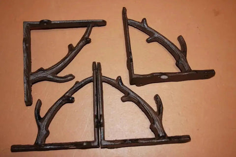 Tree Branch Themed Shelf Brackets Set Of Six, Heavy Duty Rustic Steel Supports For Open Shelves, forest style mounts shown