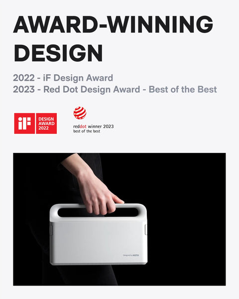 Person holding a white portable digital display case with handle, award-winning 2022 iF and 2023 Red Dot Design awards.