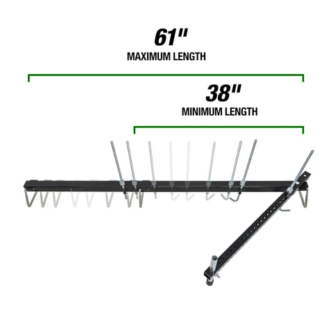 Heavy Duty Three Point Engine Support Bar With Adjustable Screw Hooks showing length adjustments from 38 to 61 inches.