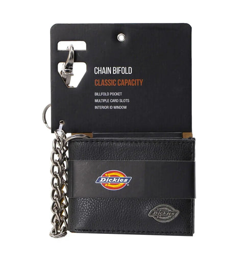 Rugged RFID Leather Bifold Chain Wallet For Men In Pebbled Black with Hook, Card Slots, and ID Window in Packaging.