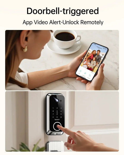 No Sweat Smart Front Door Lock With 2K HD Camera Video Doorbell Kit, user accessing app to unlock door remotely.