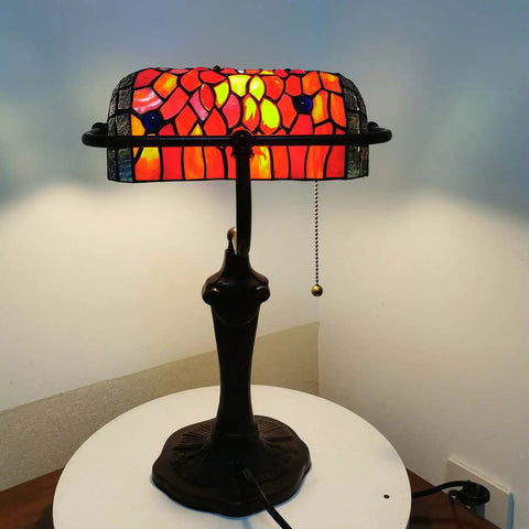 Dragonfly Tiffany Style Stained Glass Desk Lamp for Reading and Working, red glass accent, banker table lamp on desk