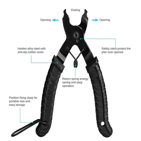 Bike Chain Repair Tool Kit With Link Pliers Chain Breaker Splitter 6 Pairs Missing Links Master Link Remover shown in use.