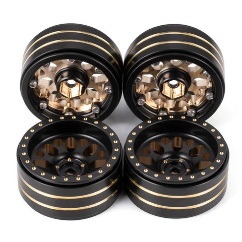 Brass 1.3 Inch RC Beadlock Wheels Rims Set For 1/18 TRX4M Ascent-18 And 1/24 AXIAL SCX24 AX24 Crawler Upgrades in black and brass