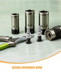 Rock Solid Spring Loaded Indexing Plunger With 4mm Pin And 2 Pcs Stainless Steel M6 Retractable Pin for garage builds, shown with pliers.