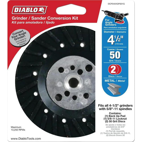 Grinder To Sander Conversion Kit With Back Up Pad And Fiber Discs For Four And A Half Inch Grinders Includes Five Eighth Inch Arbor Locknut And Two Fifty Grit Discs For Quick Surface Prep And Polishing packaging