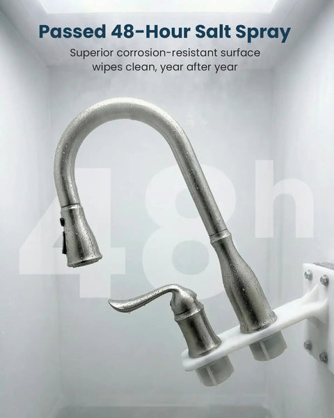 Three Hole Pull Down Kitchen Faucet With Sprayer In Brushed Nickel Stainless Steel Finish Two Hole Pull Out Kitchen Sink Faucet, APS218BN, corrosion resistance test